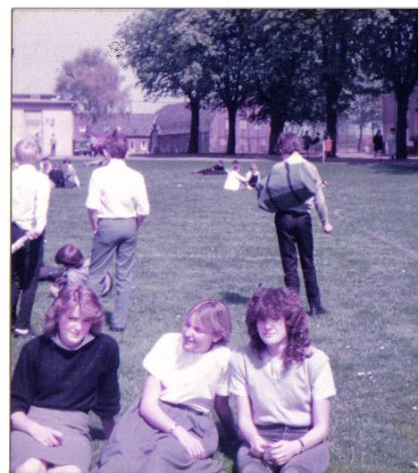 Tina ?, Katrina Hancox and Sue ? 1984 hanging out on the playing field